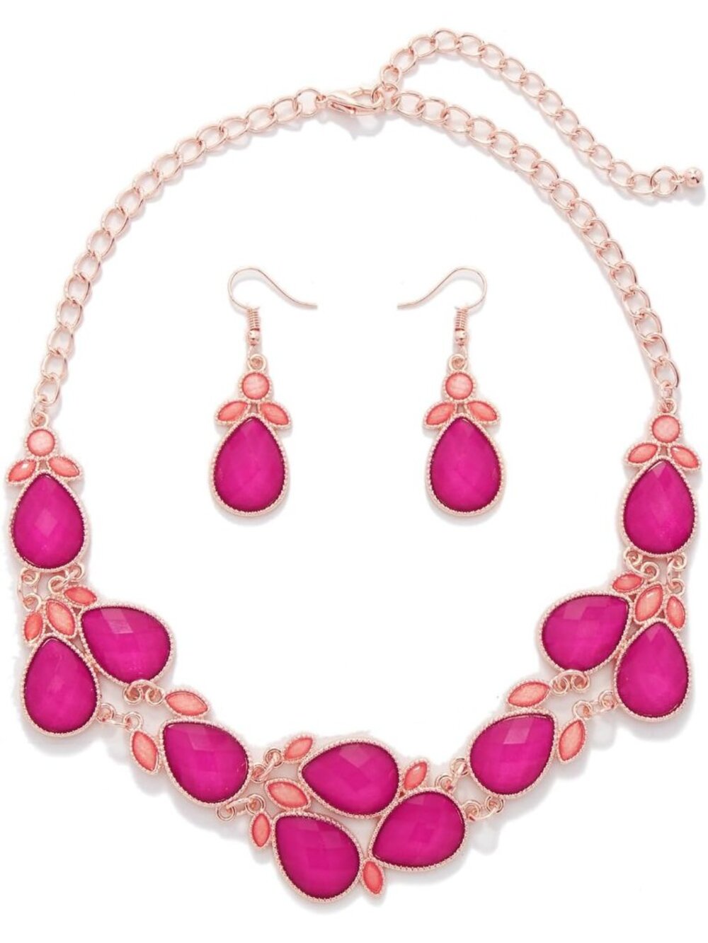 Women's Rose Pink Water Drop Collar Necklace Earrings Set Statement Jewelry